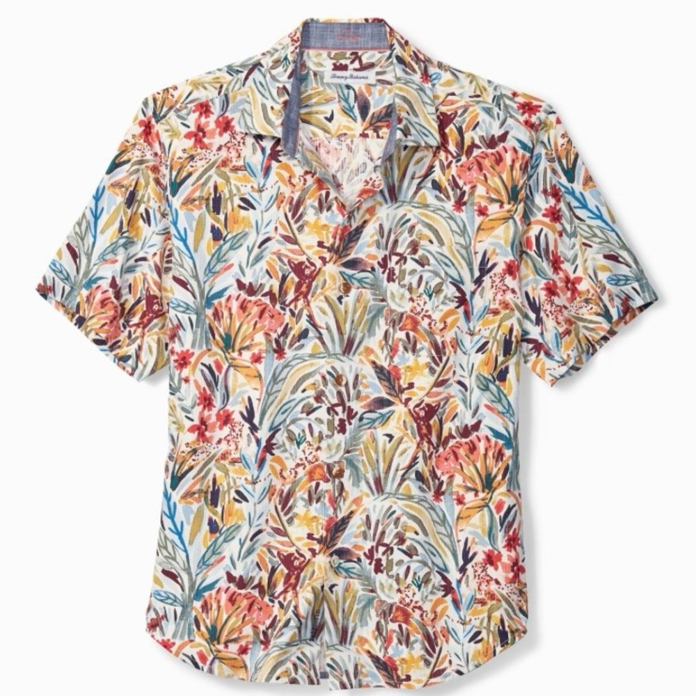 Tommy Bahama Floral Button-Down Silk Cotton Bongo Palms IslandZone Camp Shirt